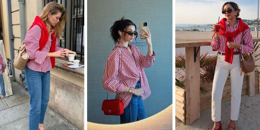 ۵ راه ساده و شاهکار برای ست کردن یک شومیز با خط‌های قرمز