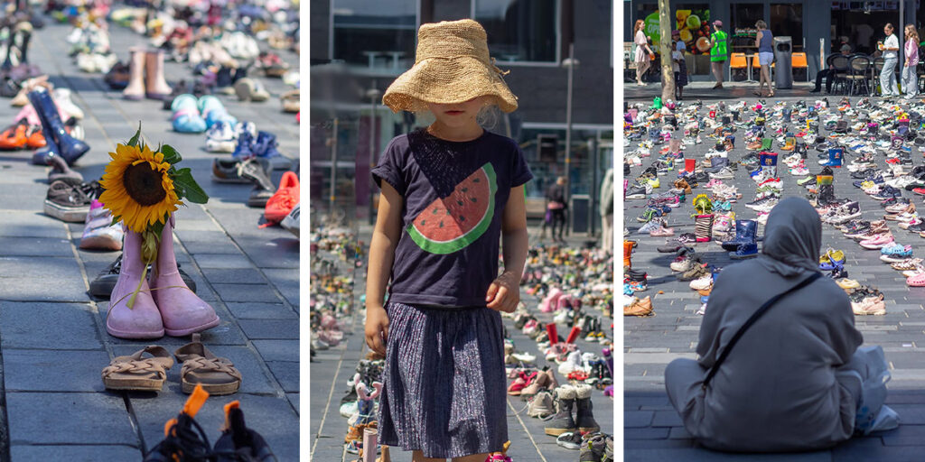 یادبود غم‌انگیزی که برای کودکان غزه برگزار شد؛ کفش‌هایی که زبان دارند!