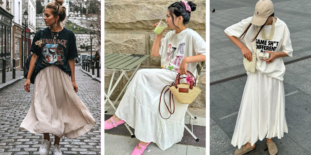 می‌خواهید جسور و شیک باشید؟ تیشرت‌های گشادتان را اینطوری با دامن ست کنید