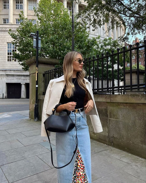 استایل با دامن‌ جین چاک‌دار