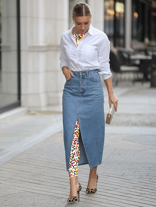 استایل با دامن‌ جین چاک‌دار