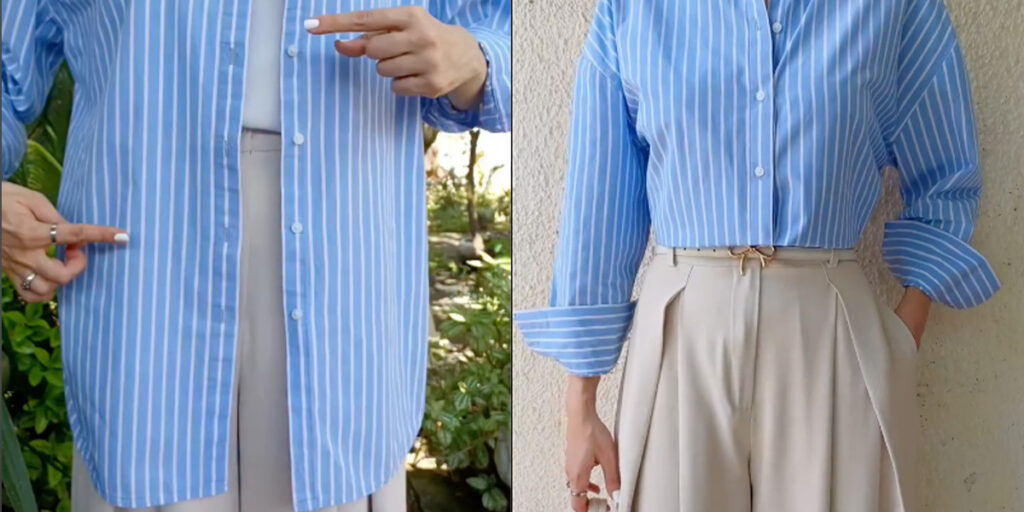 با این شیوه بستن دکمه‌ها، پیراهن بلندتان را کوتاه کنید