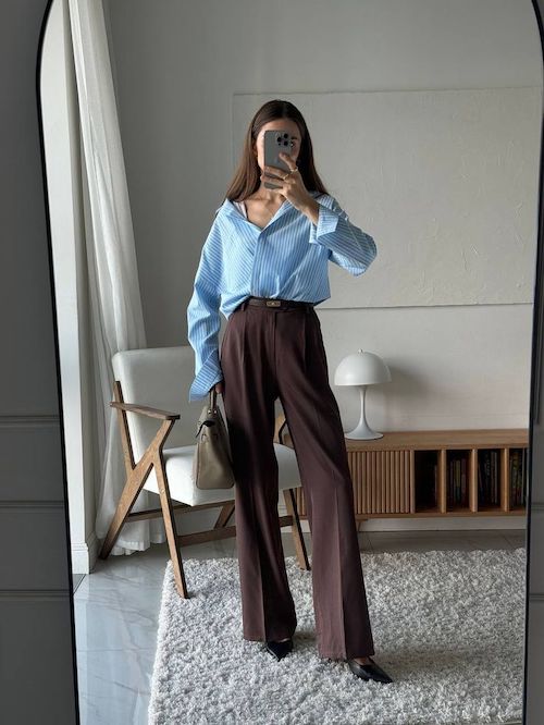 استایل پاییزی با شلوار واید قهوه‌ای