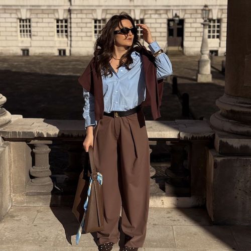 استایل پاییزی با شلوار واید قهوه‌ای