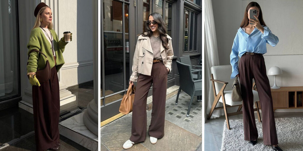 استایل پاییزی حرفه‌ای با تنها یک آیتم کلیدی: شلوار واید قهوه‌ای