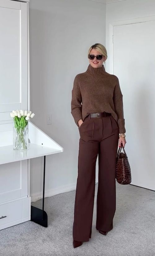 استایل پاییزی با شلوار واید قهوه‌ای